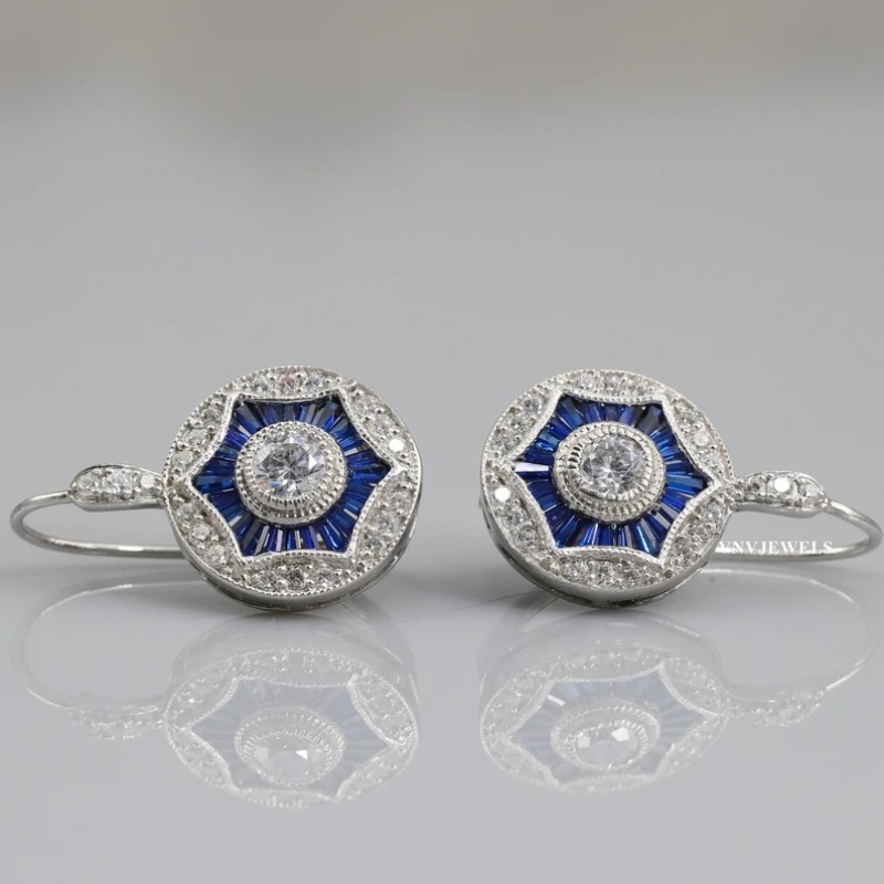 Women's Synthetic White Blue Cubic Zirconia Round Pendant Hook Earrings